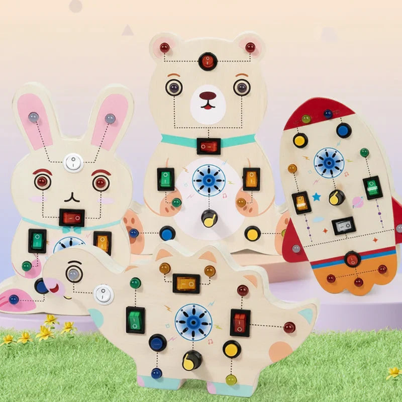 Toddler Montessori activity board with LED lights for sensory play and fine motor skill development