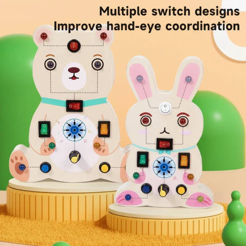 Montessori sensory board with various switches and LED lights, ideal for toddlers' motor skills