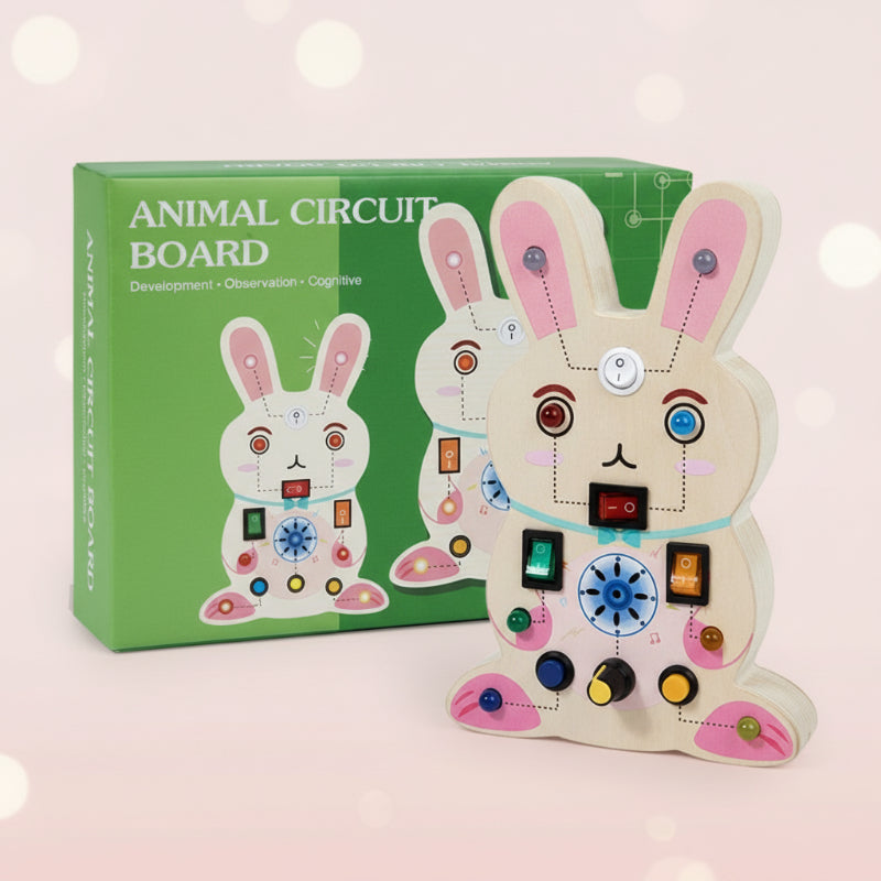 Full view of a Montessori busy board for toddlers, highlighting its LED light features