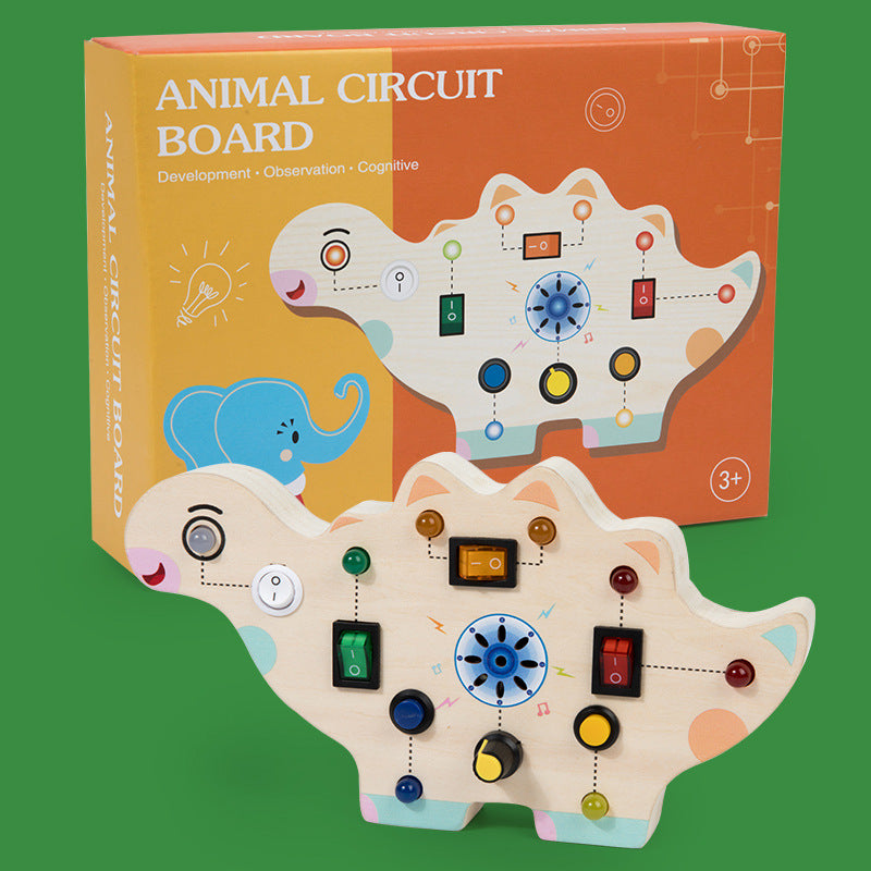 Sensory play wooden toy: electric components on a Montessori activity board with LED lights