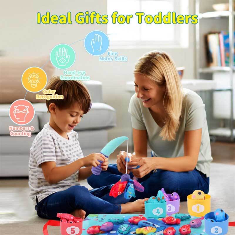 Educational toddler cloth fishing game featuring magnet fishing toy, felt sea creatures & nesting stacking cups