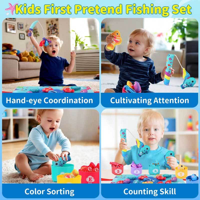 Montessori cloth fishing game for toddlers with soft felt fish, magnetic pole, and rainbow stacking cups