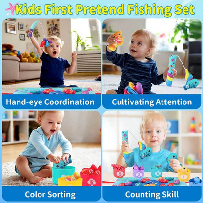 Montessori cloth fishing game for toddlers with soft felt fish, magnetic pole, and rainbow stacking cups