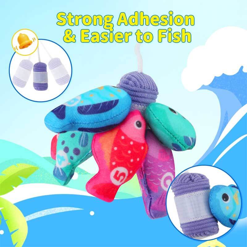Activity toy: Toddler's sensory cloth fishing game including a fishing rod and vibrant stacking cups set