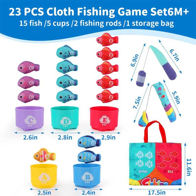 Toddler fishing game and stacking cups promoting fine motor skills; a soft, colorful cloth activity toy