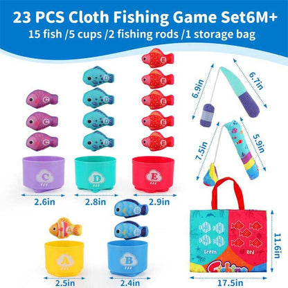 Toddler fishing game and stacking cups promoting fine motor skills; a soft, colorful cloth activity toy