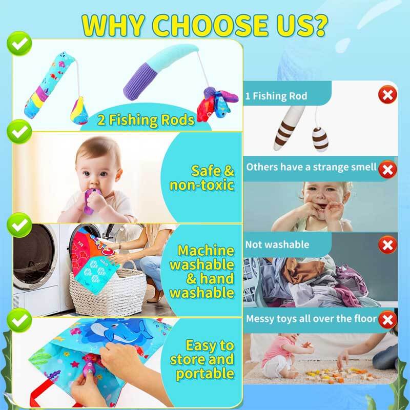 Sensory play cloth fishing game with magnetic fish characters and included stacking cups for young children
