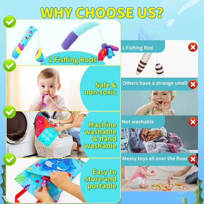 Sensory play cloth fishing game with magnetic fish characters and included stacking cups for young children