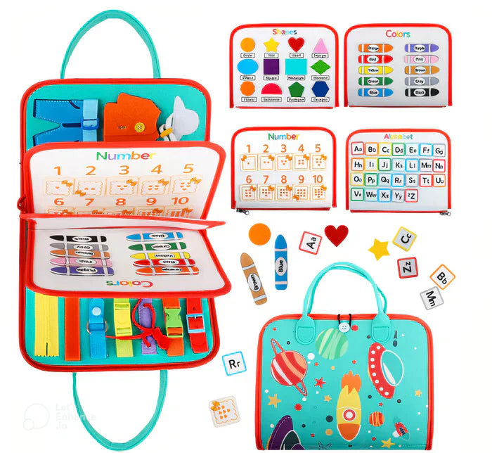 Toddler Montessori Sensory Activity Board with colorful buckles, zippers, and buttons for fine motor skill development.