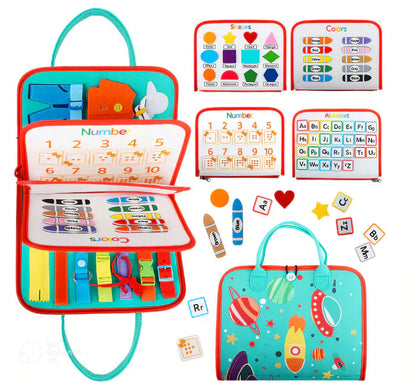 Toddler Montessori Sensory Activity Board with colorful buckles, zippers, and buttons for fine motor skill development.