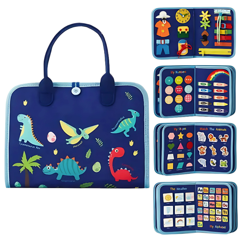 Close-up of a vibrant Montessori Sensory Board, showcasing different fabrics and closures for hands-on learning.