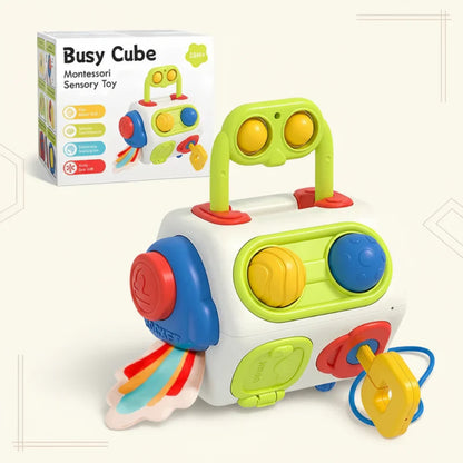 Toddler Montessori sensory fidget cube toy promoting fine motor skills development, activity toy