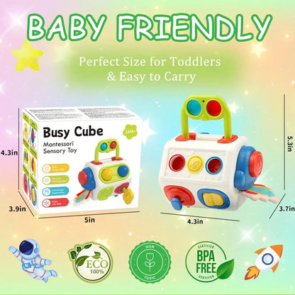 Close-up of toddler montessori fidget cube with various sensory elements, educational toy
