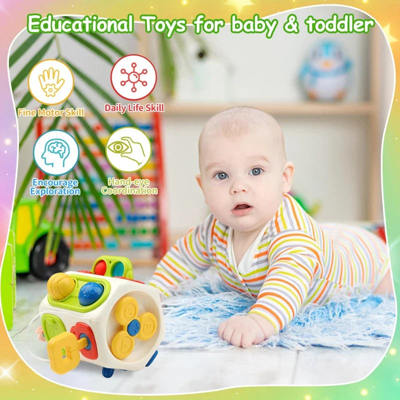 Colorful montessori sensory activity cube, a fidget toy designed for toddler fine motor skills