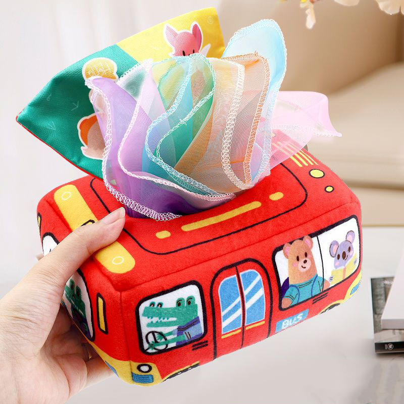 Toddler Montessori sensory tissue box toy with colorful scarves for early learning