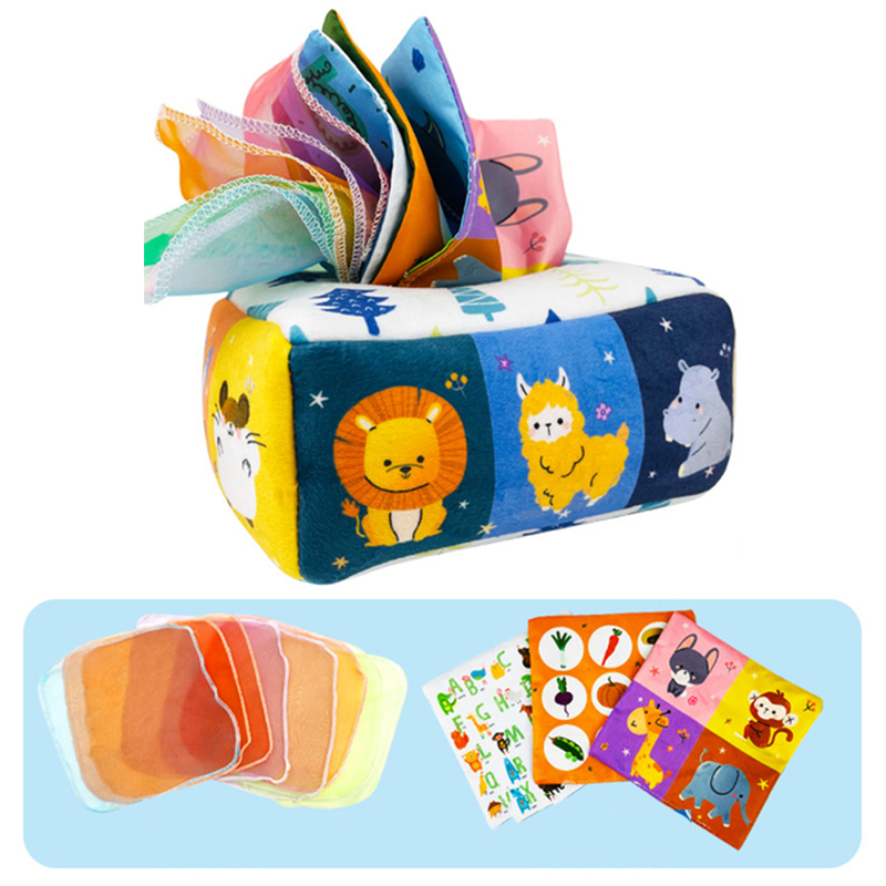Montessori sensory tissue box toy with vibrant fabrics, ideal for toddler and baby play