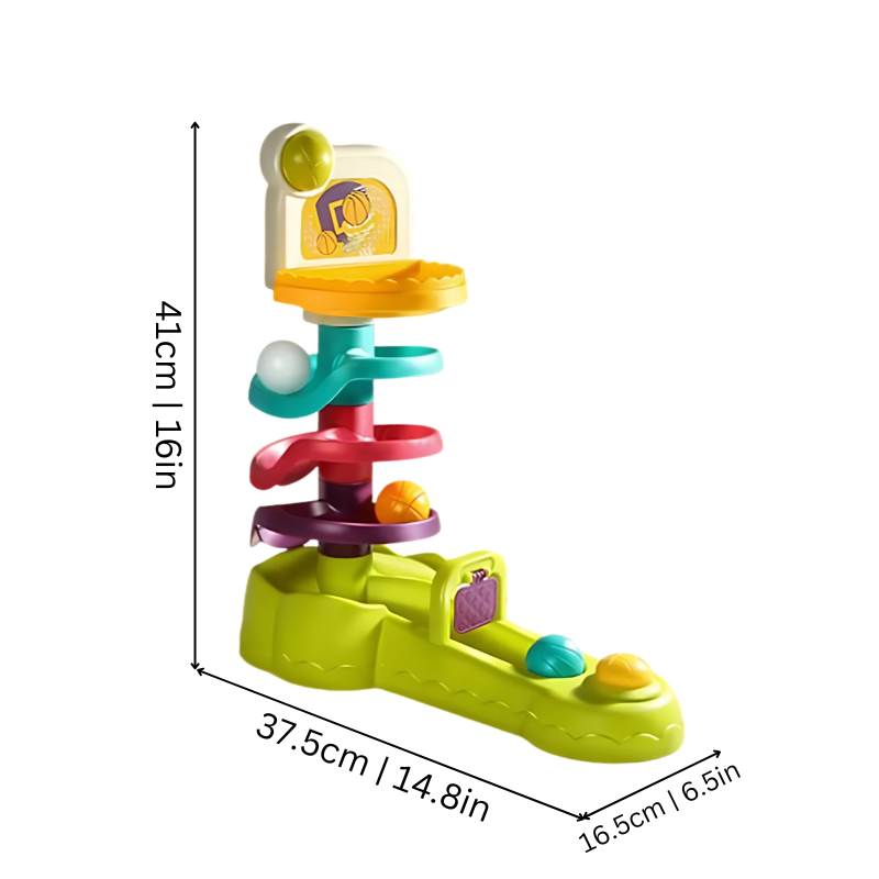 Montessori ball drop toy for toddlers, showing a child placing a red ball into the wooden tower.