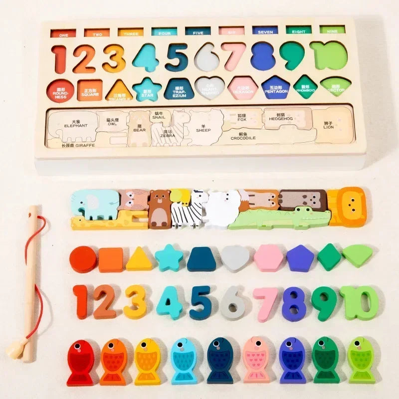 Vibrant animal puzzle section of a toddler's 4-in-1 wooden educational play board