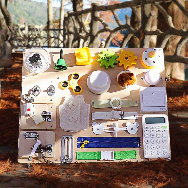 Interactive wooden activity board for toddlers, fostering independent play and cognitive growth.