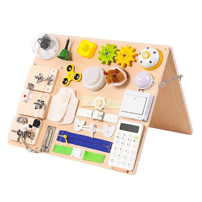Durable wooden activity board, a Montessori educational toy for toddlers to explore and learn through play.