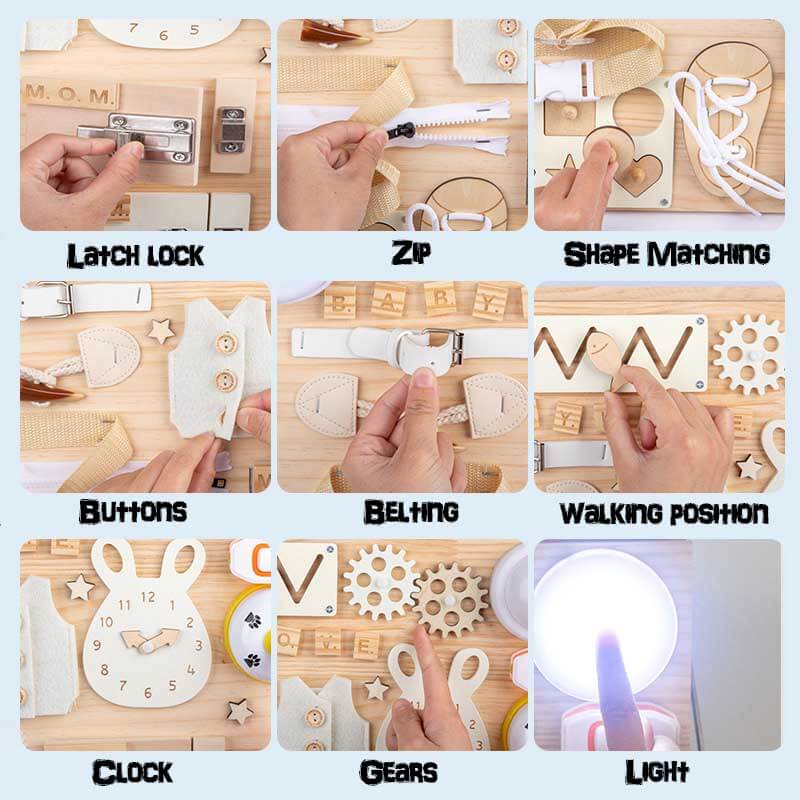 Montessori wooden busy board for toddlers, enhancing sensory play and early learning with various activities.