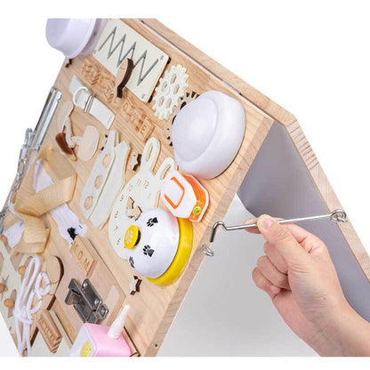 Educational wooden activity board for toddlers, showcasing locks, buckles, and a spinning wheel.