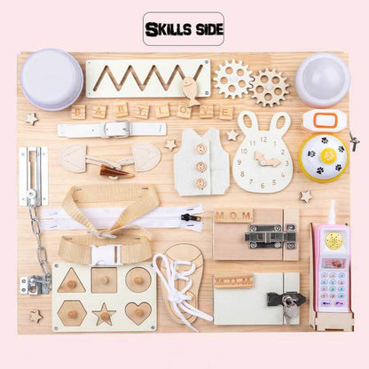 Toddler travel toy: Montessori wooden activity board with a handle, ideal for developing skills on-the-go.