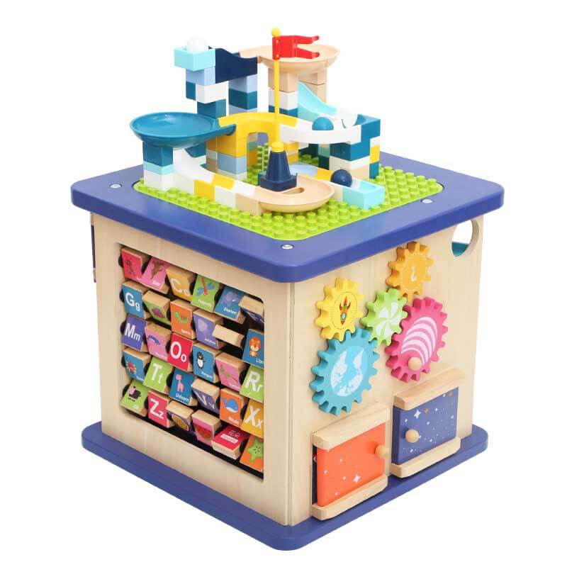Toddler wooden activity cube, a durable Montessori educational toy designed for early learning & sensory fun.