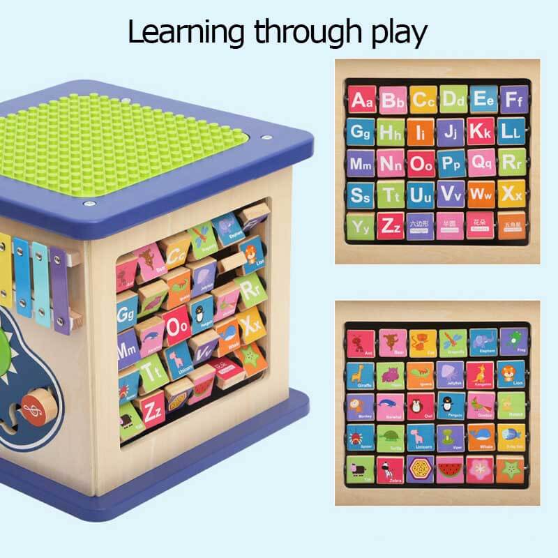 Montessori wooden activity cube with bright colors, an engaging toy for toddlers to build fine motor skills.