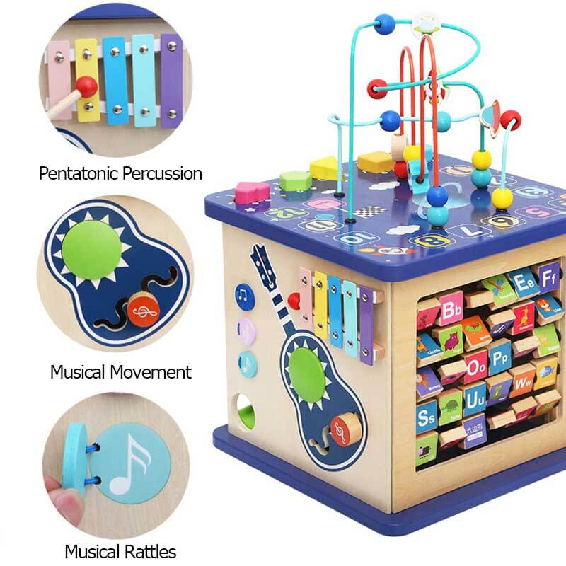 Wooden activity cube, a Montessori educational toy for toddlers to develop fine motor skills.