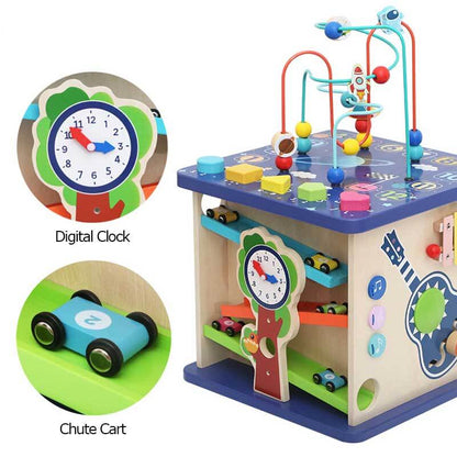 Toddler Montessori activity cube with multiple sides for early learning and sensory exploration.