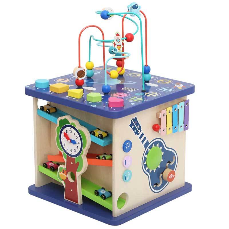 Educational wooden activity cube, perfect for toddlers to enhance fine motor skills & cognitive development.