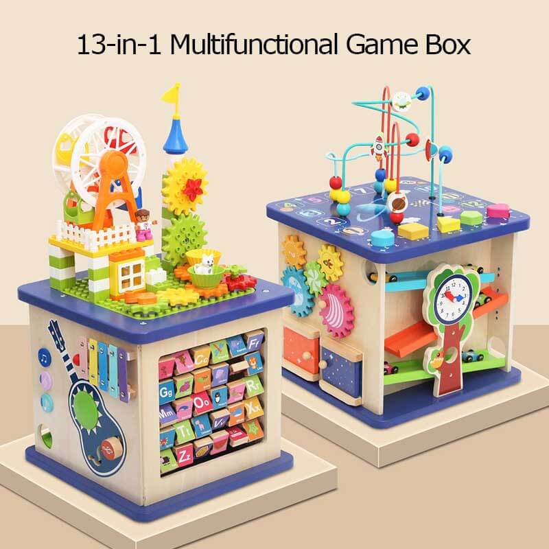 Montessori wooden activity cube featuring a bead maze, shape sorter, and spinning gears for toddlers.