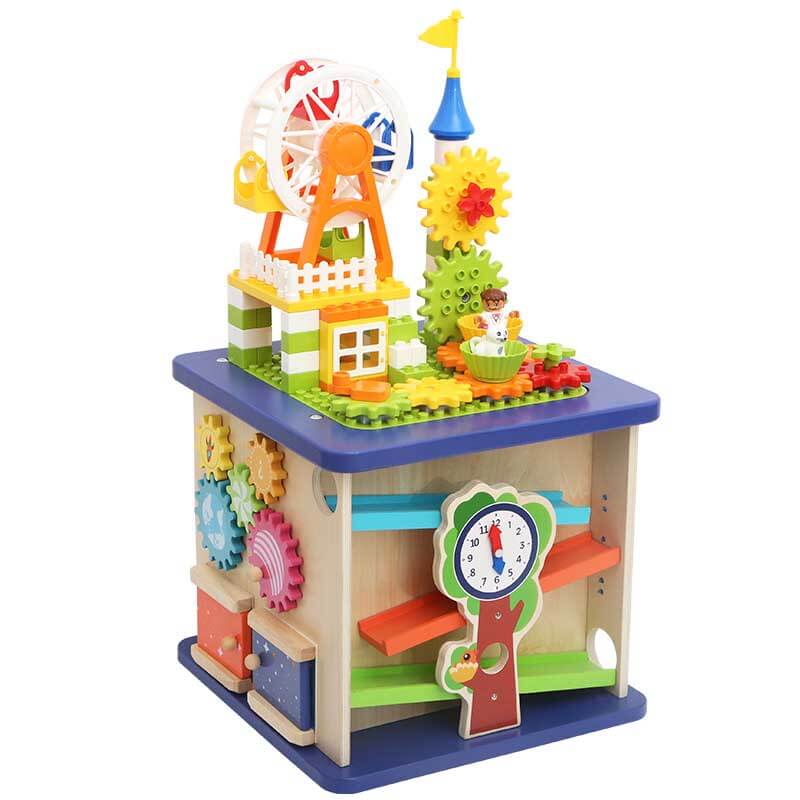 Vibrant toddler wooden activity cube, a Montessori toy for sensory play and early childhood development.