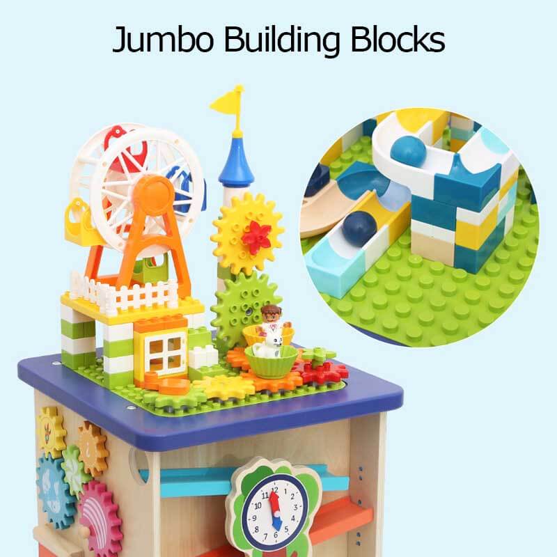 Multi-functional wooden activity cube for toddlers, an educational Montessori toy for fine motor practice.