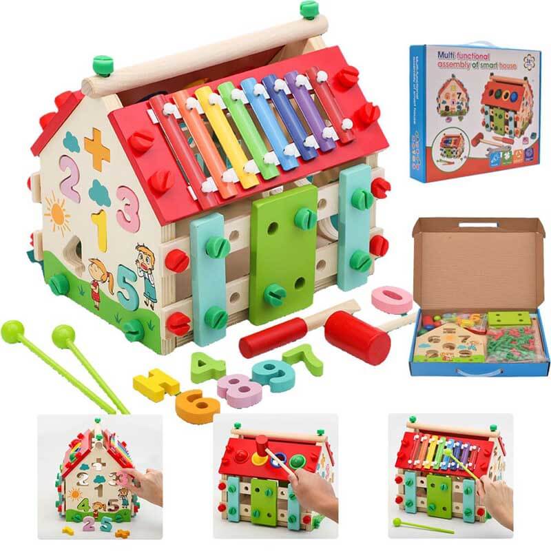 Toddler Montessori Wooden Activity House, a vibrantly colored educational toy designed for sensory play and fine motor skill development.