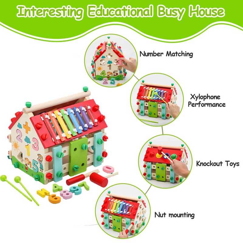 Montessori Wooden Activity House for toddlers, featuring various educational elements for skill-building and sensory engagement.