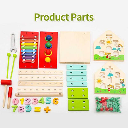 A full view of the Toddler Montessori Wooden Activity House, showcasing its compact design and multiple activity stations.