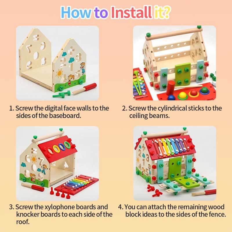 Montessori educational wooden toy house, perfect for toddlers developing fine motor skills and engaging in sensory play.