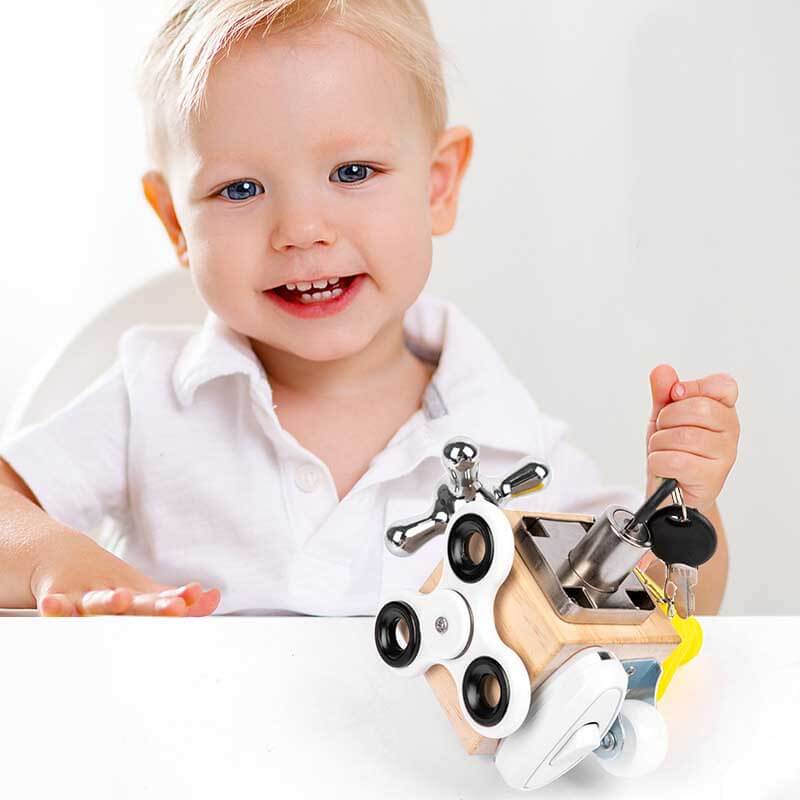 Toddler Montessori Wooden Busy Board Activity Cube with various fine motor skill elements