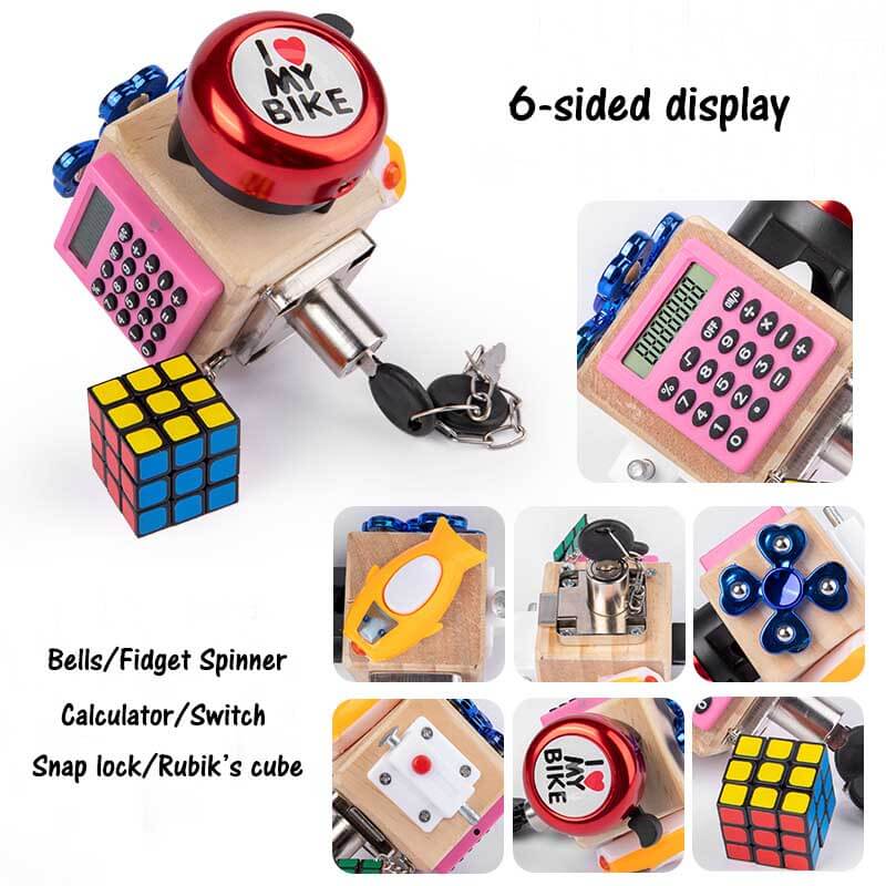 Educational wooden activity cube with multiple functions, perfect for toddler fine motor skill development