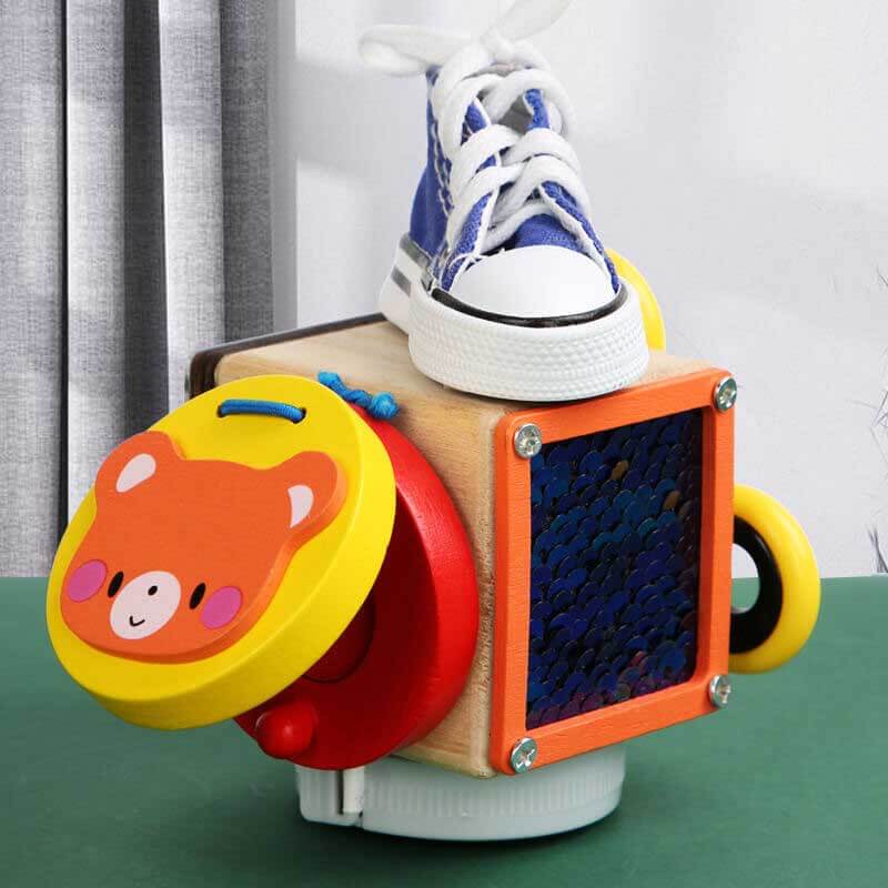 Sensory play wooden busy board cube for toddlers, introducing early learning concepts
