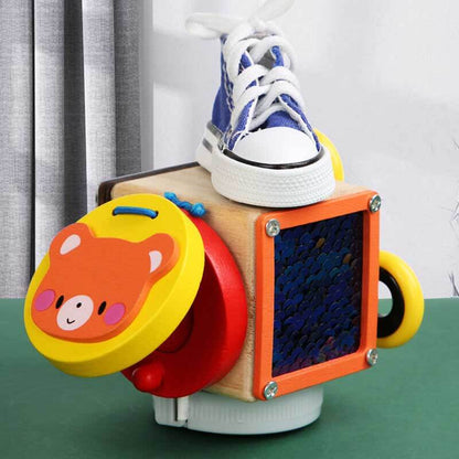 Sensory play wooden busy board cube for toddlers, introducing early learning concepts