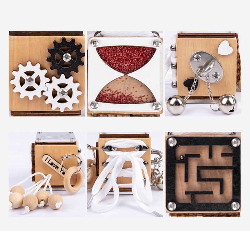 Detail view of a wooden busy board activity cube, highlighting its fine motor skill features