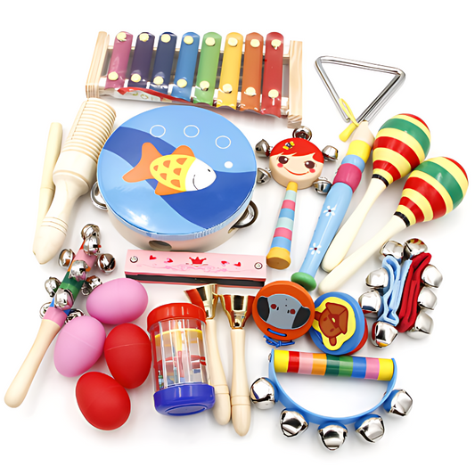 Toddler musical instrument set with 8 wooden toys, including maracas, shakers, and tambourine, in a storage bag