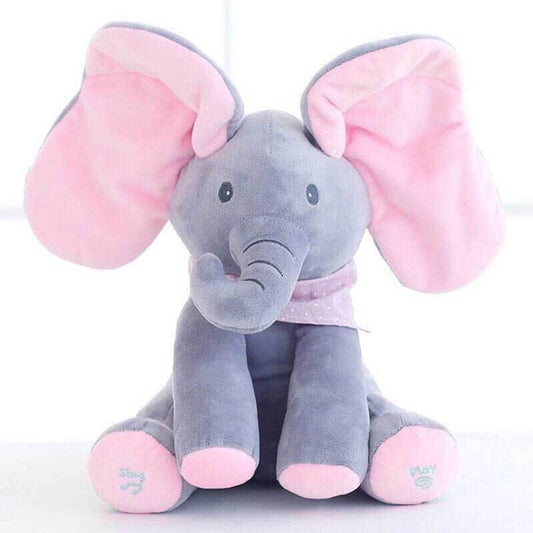 Toddler musical peek-a-boo elephant plush toy, interactive animated soft toy for babies