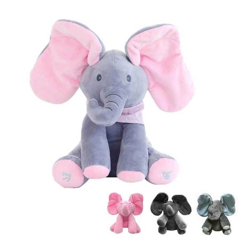 Musical elephant plush toy, grey with big ears, playing peek-a-boo for toddler fun