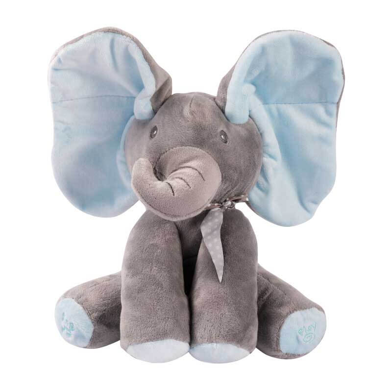 Close-up of musical peek-a-boo elephant plush, a delightful and soft children's toy