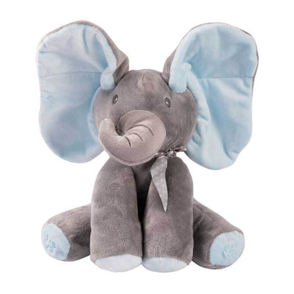 Close-up of musical peek-a-boo elephant plush, a delightful and soft children's toy