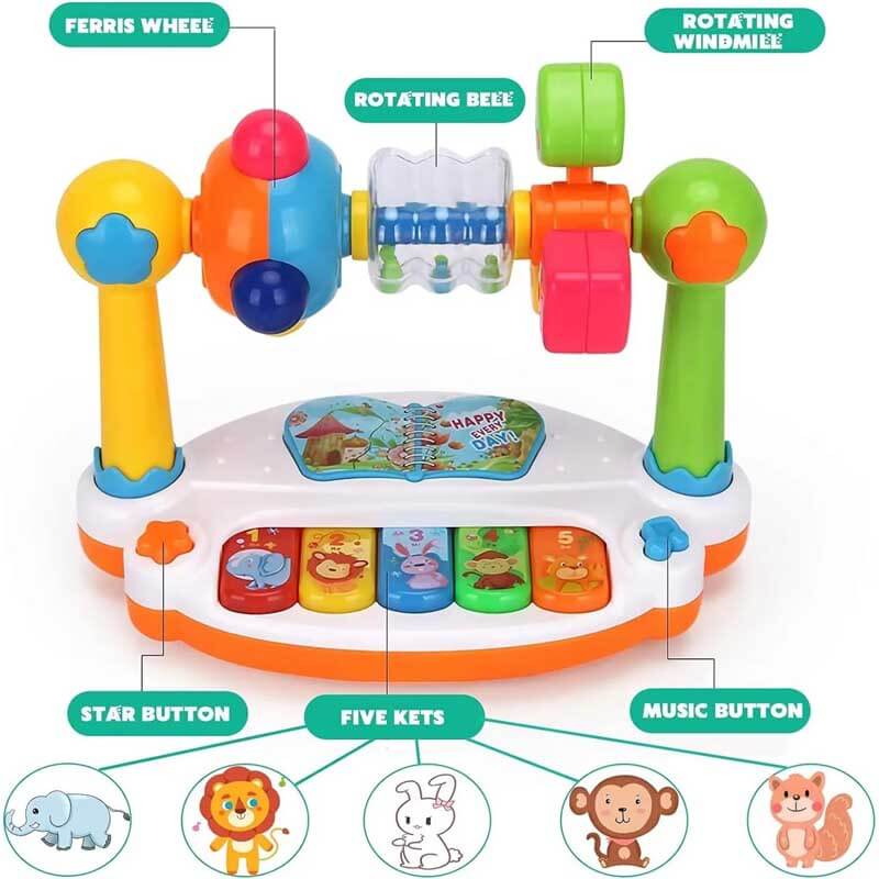 Baby learning musical piano keyboard, a sound toy with vibrant lights for early childhood development.
